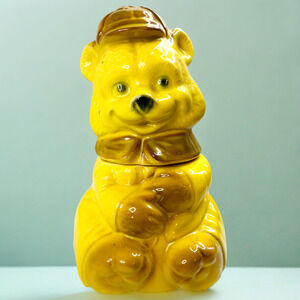 American Bisque Cookie Jar Yellow Bear Hunting Cap Vintage MCM Granny 10" READ